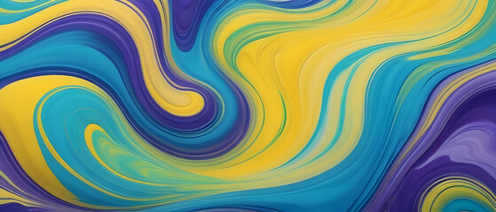 Abstract fluid art with vibrant swirls of yellow, blue, purple, and green background - obrazy, fototapety, plakaty