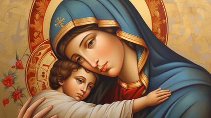 A vintage Painting of the Virgin Mary Holding Baby Jesus With Halos Around Their Heads