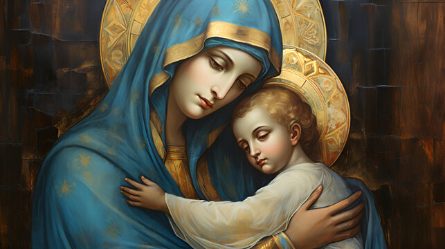 A Vintage Painting of the Virgin Mary Holding Baby Jesus With Halos Around Their Heads