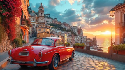 classic car in an Italian city. Created with generative AI.	