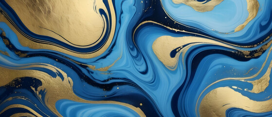 Blue marble and gold abstract background texture. Indigo ocean blue marbling with natural luxury swirls of marble and gold powder.