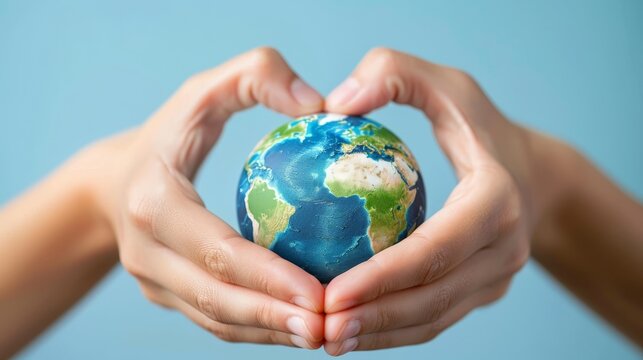 people, peace, love, life and environmental concept - close up of human hands showing heart shape gesture over earth globe