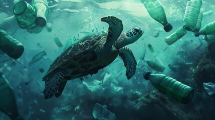 Naklejka na ściany i meble Sea turtle swimming in ocean invaded by plastic bottles. Pollution in oceans concept.
