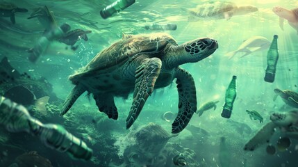 Sea turtle swimming in ocean invaded by plastic bottles. Pollution in oceans concept. - obrazy, fototapety, plakaty