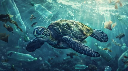 Sea turtle swimming in ocean invaded by plastic bottles. Pollution in oceans concept.