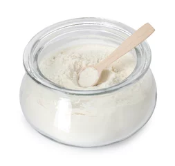 Rolgordijnen Baking powder in glass jar and spoon isolated on white © New Africa