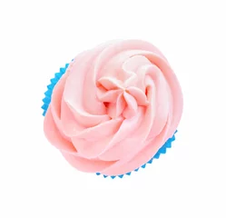 Schilderijen op glas Delicious cupcake with pink cream isolated on white, top view © New Africa