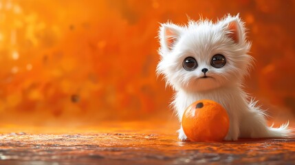 Cute white kitten with mini pumpkin. Created with Generative AI. - obrazy, fototapety, plakaty