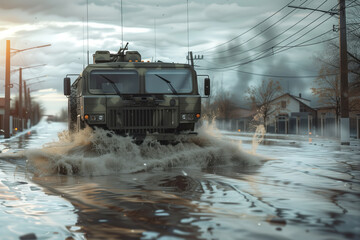 In aftermath of flood, column of military vehicles navigates flooded avenues to assist victims AI...