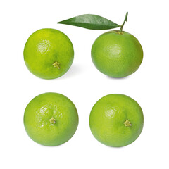 Fresh ripe tangerines with green peel isolated on white, set