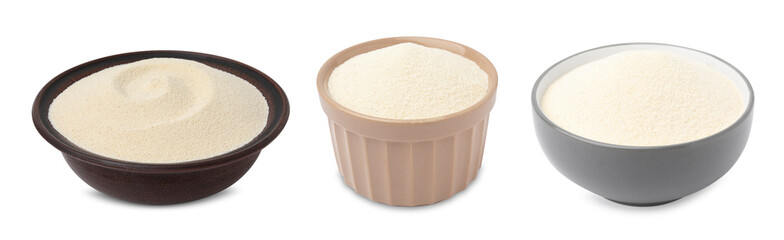 Set of uncooked semolina in bowls on white background