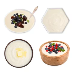 Rolgordijnen Set of cooked semolina porridge in bowls on white background © New Africa