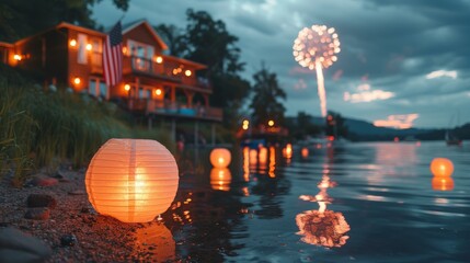 Illuminated orange paper lanterns on lakeshore at dusk with 4th of July firework display, reflections in water, and lit house in background. Copy space.