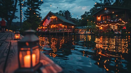 Illuminated lantern on lakeside dock with festive lights on cabin at dusk, reflection on water, 4th of July, peaceful evening mood, defocused background - Powered by Adobe