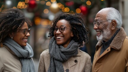 Three African American people smiling outdoors, two women with glasses and one older man, with...