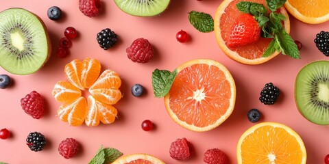 Assorted fresh citrus fruits and berries on pink background, vibrant colors, flat lay, top view.