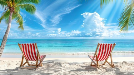 Two red and white striped beach chairs on sandy beach with palm trees, blue sky, and clear sea, seaside summer vacation. Copy space.