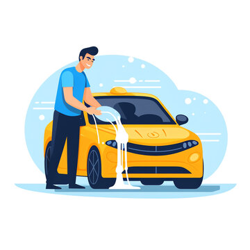A man washes the car with water, in a simple flat illustration style with a white background and blue and yellow color scheme resembling UI design