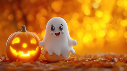 Cute funny ghost with a pumpkin. Created with Generative AI.	