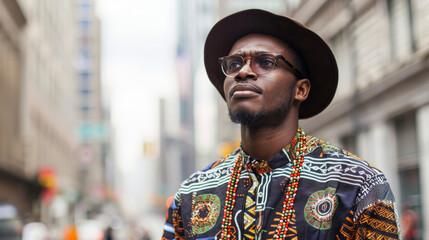 A man with a distinct Afrocentric fashion sense stands out against the gray cityscape with hints of African prints and traditional accessories adding a touch of cultural pride to his .