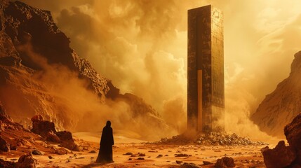 A towering monolith standing amidst the ruins of an ancient civilization on a distant planet   AI generated illustration