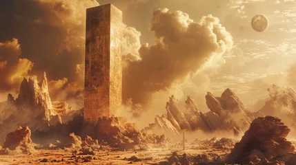 Foto op Canvas A towering monolith standing amidst the ruins of an ancient civilization on a distant planet   AI generated illustration © ArtStage