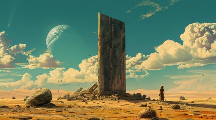A towering monolith standing amidst the ruins of an ancient civilization on a distant planet   AI generated illustration - obrazy, fototapety, plakaty