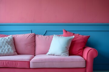 Chic Pink Couch with Plush Pillows Against Vibrant Walls. Concept Colorful Furniture, Interior Design, Home Decor, Stylish Living Room