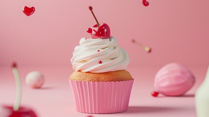 A whimsical cupcake with a cherry on top d style isolated flying objects memphis style d render   AI generated illustration