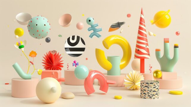 A whimsical collection of floating objects d style isolated flying objects memphis style d render   AI generated illustration