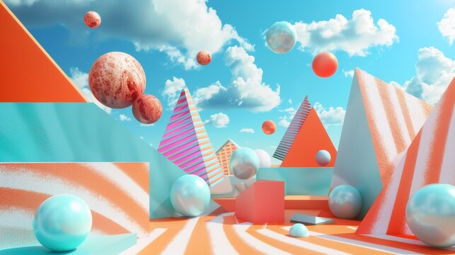 Abstract geometric shapes in a digital landscape d style isolated flying objects memphis style d render   AI generated illustration