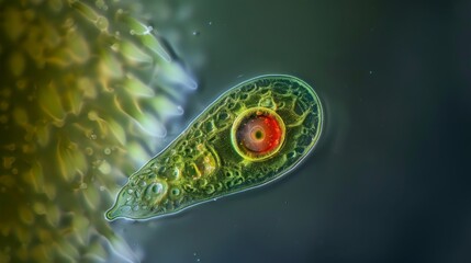 A teardropshaped euglena with a bright red eyespot at the narrow end seen in a magnified view under a microscope.