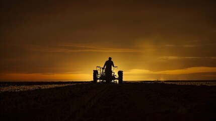 A silhouette of a lone farmer working late into the night using a biofuelpowered machine to prepare the soil for planting. The dim glow of the machines headlights highlights the determination .