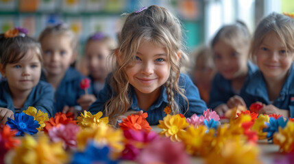 Teacher And Pupils Using Flower Shapes In Montessori School.