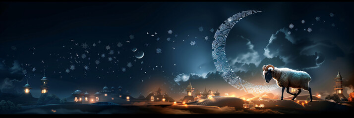 Greeting card with sacrificial sheep and crescent moon  on cloudy night sky. Ramadan, Eid al Fitr. Eid Al Adha Mubarak celebration card, banner, background with copy space - obrazy, fototapety, plakaty