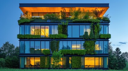 Modern ecological building. Panoramic view. Created with generative AI.