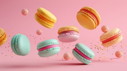 An assortment of macarons in bright colors d style isolated flying objects memphis style d render  AI generated illustration