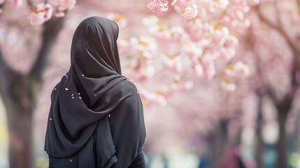 Muslim Eastern European woman in Hijab Enjoying Spring Cherry Blossoms - obrazy, fototapety, plakaty