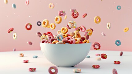 An overflowing bowl of fruity cereal loops d style isolated flying objects memphis style d render   AI generated illustration