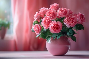 Obraz premium Elegant Pink Roses in Serene Minimalist Setting. Concept Floral Arrangement, Serene Atmosphere, Elegant Styling, Pink Roses, Minimalist Setting