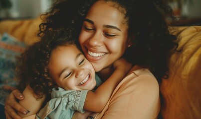 Mixed Race Black African American Mom and Daughter Share a Cuddle