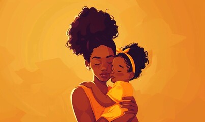 Black Woman Holding a Baby Daughter in her Arms Painting Illustration