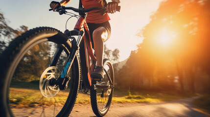 Woman cycling through park at sunset. Cycling banner, copy space
