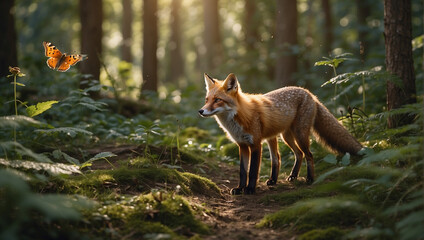 red fox in the forest, red fox in the woods, red fox vulpes