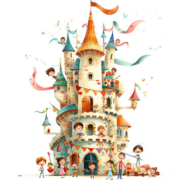 In a playful scene, a magical mop has morphed into a towering castle, delighting a group of imaginative children in their whimsical playhouse Isolated on transparent