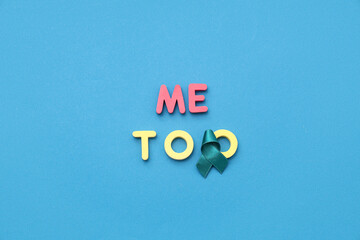 Teal ribbon and text ME TOO on blue background. Sexual Assault Awareness Month
