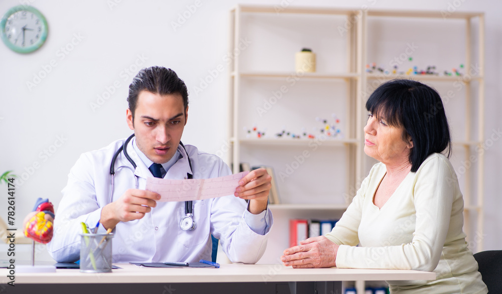 Sticker young doctor examining senior old woman