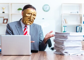 Businessman wearing mask in hypocrisy concept - 782615149