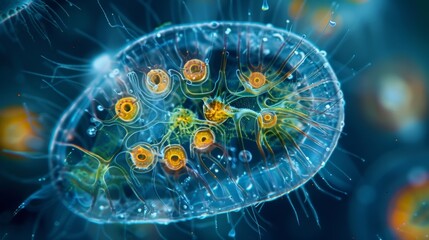 A closeup of a ciliate protozoas cytoplasm revealing the complex network of organelles and structures that allow it to carry out all