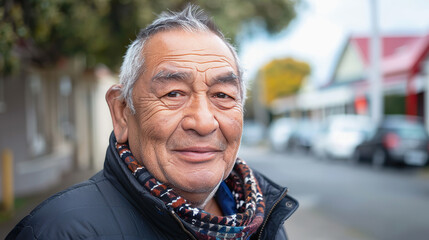 Closeup portrait of a senior Maori man smiling and outdoors